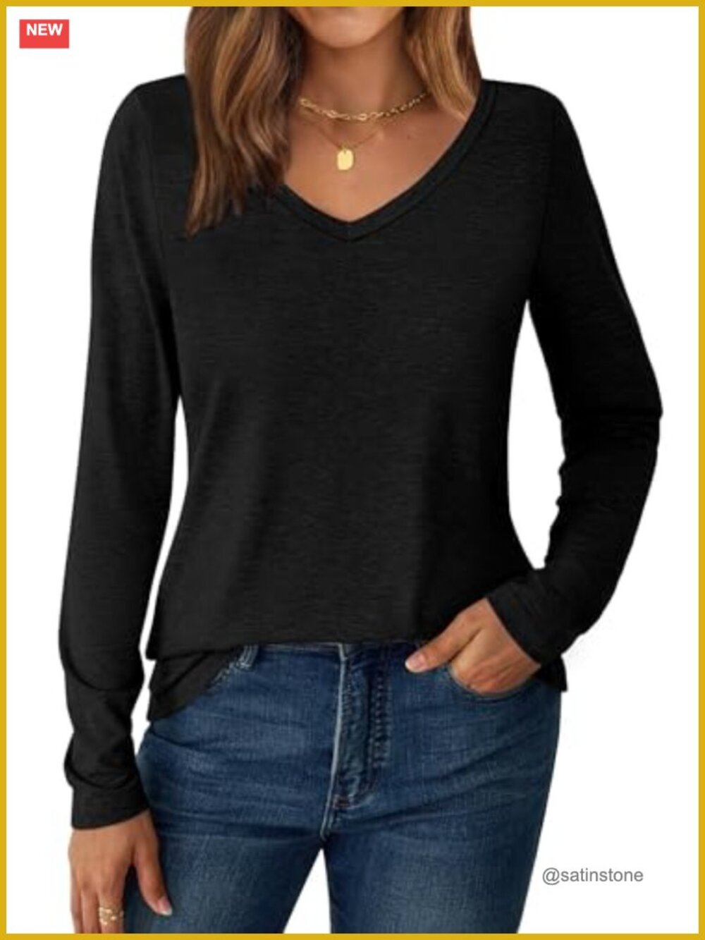 Women's Long Sleeve V-Neck Tee, Soft Stretchy Casual Top